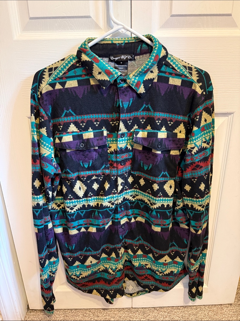 Cowgirl Tuff Black Aztec Print Button-Up Shirt with Teal & Purple Accents